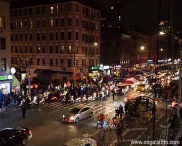 Streetscape of demonstrators and NYPD during during protest march for Stephon Clark, Hell's Kitchen NYC